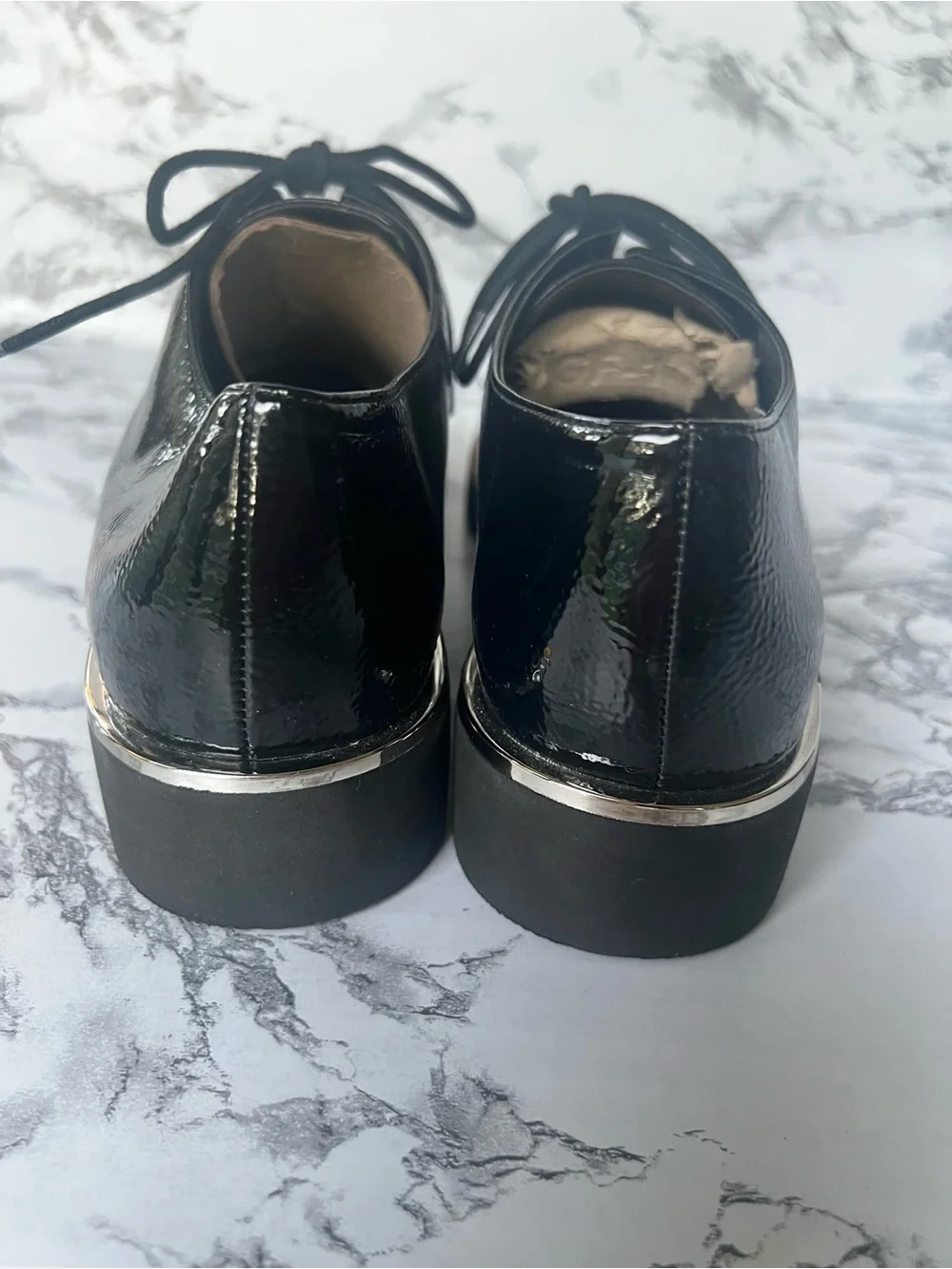 Franco Sarto Charles Black Patent Derby Lug Sole Shoe 11 Preppy Quiet Luxury